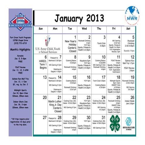 Jan teen calendar of events