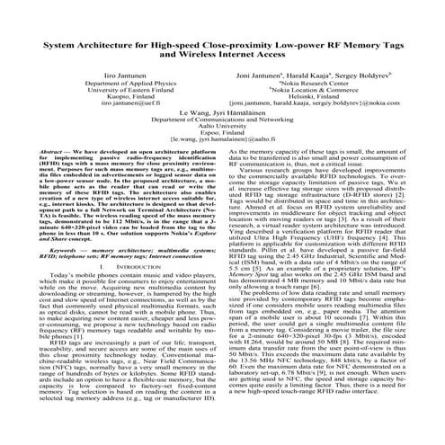 System Architecture for High-speed Close-proximity Low-power RF Memory Tags a...