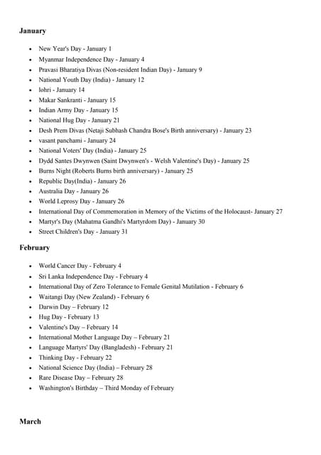 Important Days National International Pdf National Civic Holidays