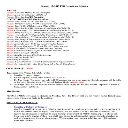 January 13 2015 pto agenda and minutes
