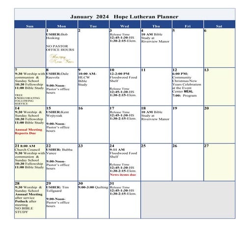 January 2026 Calendar of Events Hope Lutheran Church Floodwood | PDF