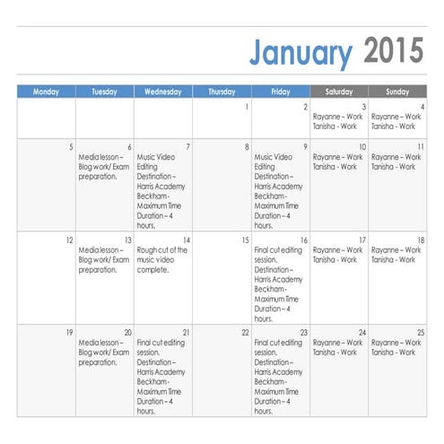 January shooting schedule 