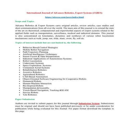 FREE PUBLICATION - International Journal of Advances Robotics, Expert Systems...