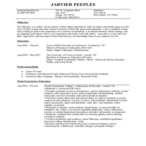 Jarvier Peeples - Resume - January 2017