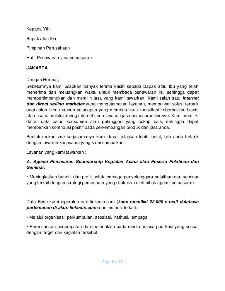 Penawaran Jasa Pemasaran Peserta Pelatihan Dan Seminar Penawaran Jasa Pemasaran Peserta Pelatihan Dan Seminar