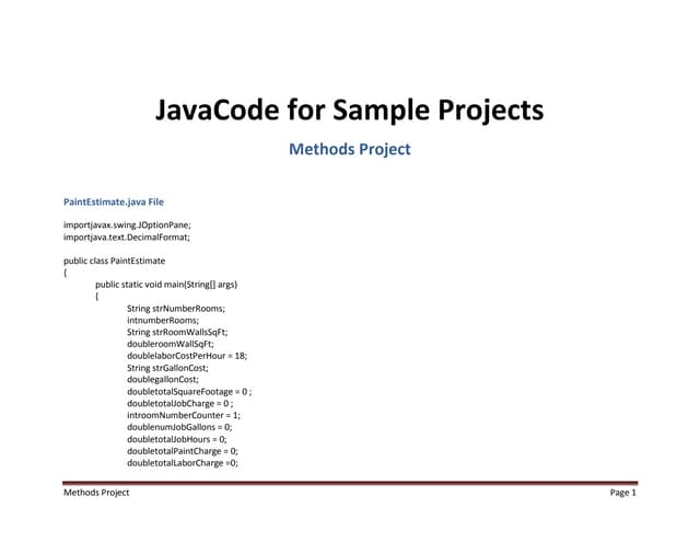 Java Code for Sample Projects Methods