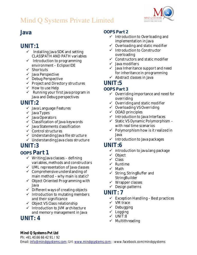 Java Course Content In Mind Q Systems