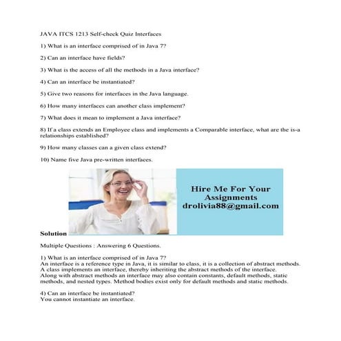 JAVA ITCS 1213 Self-check Quiz Interfaces 1) What is an interface comp ...