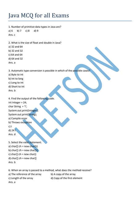 Java MCQ Important Questions and Answers
