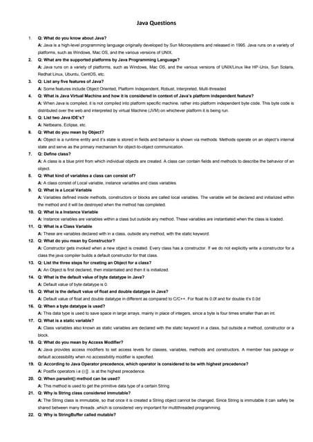 Java questions for viva