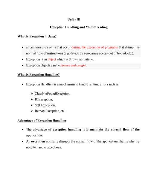 Exception Handling Multithreading: Fundamental of Exception; Exception types;...