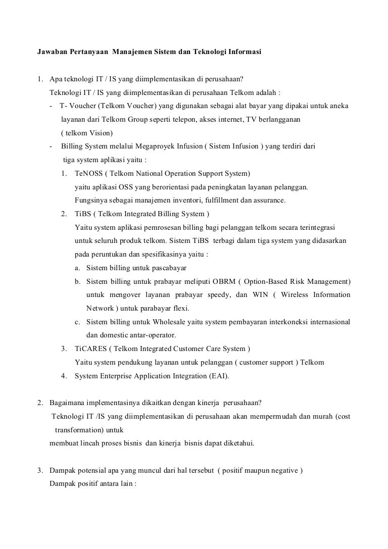 Jawaban Pertanyaan Manajemen Sistem Dan Teknologi Informasi