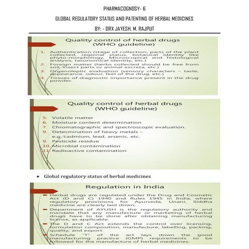 Regulatory status and patenting of herbal medicines