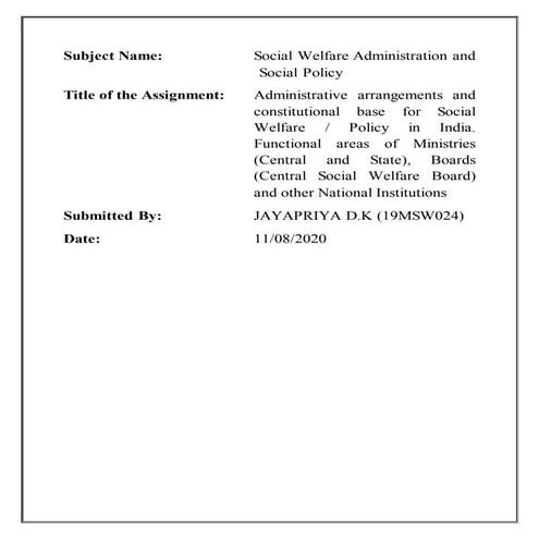 Administrative arrangement and constitutional base for Social Welfare, CSWB,SSWB