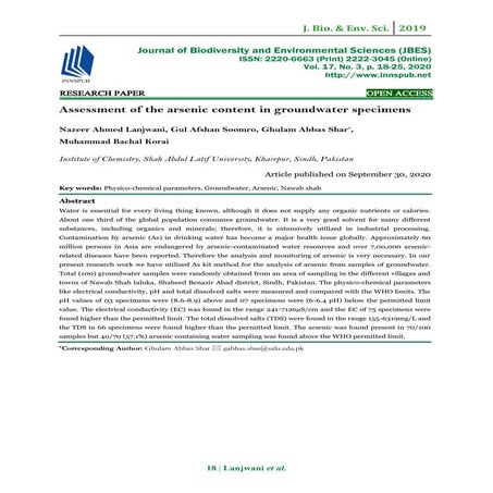 Assessment of the arsenic content in groundwater specimens