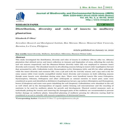Distribution, diversity and roles of insects in mulberry plantation | PDF