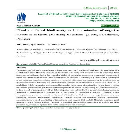 Floral and faunal biodiversity and determination of negative incentives in Shella (Maslakh) Mountains, Quetta, Balochistan, Pakistan