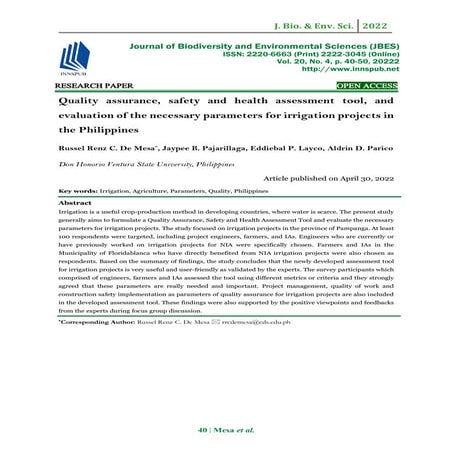 Quality assurance, safety and health assessment tool, and evaluation of the necessary parameters for irrigation projects in the Philippines