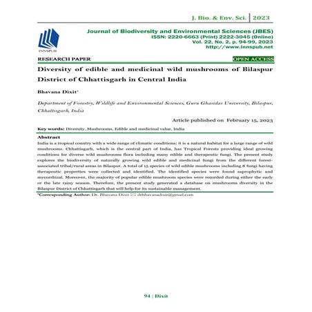Diversity of edible and medicinal wild mushrooms of Bilaspur District of Chha...