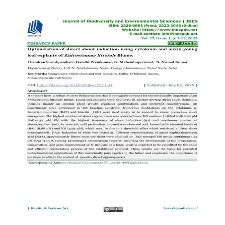 Optimization of direct shoot induction using cytokinin and auxin young leaf explants of Enicostemma littorale Blume.