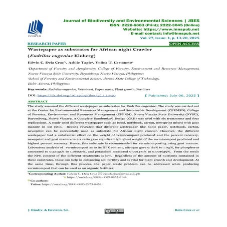 Wastepaper as substrates for African night Crawler (Eudrilus eugeniae Kinberg)