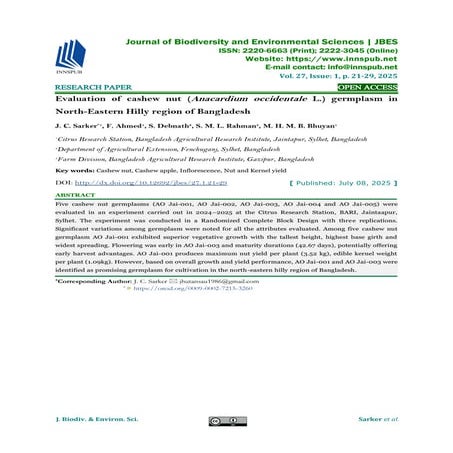 Evaluation of cashew nut (Anacardium occidentale L.) germplasm in North-Eastern Hilly region of Bangladesh