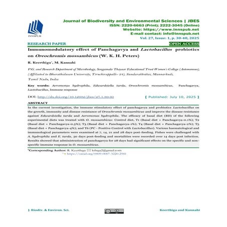 Immunomodulatory effect of Panchagavya and Lactobacillus probiotics on Oreochromis mossambicus (W. K. H. Peters)