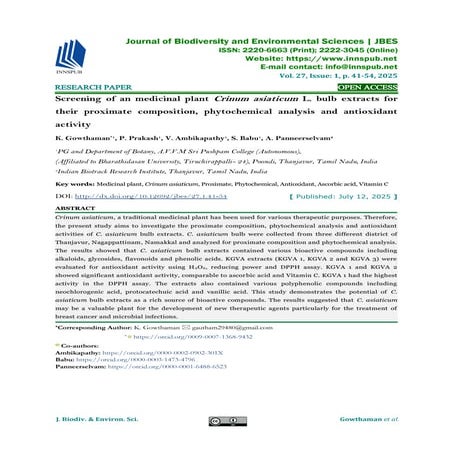Screening of an medicinal plant Crinum asiaticum L. bulb extracts for their proximate composition, phytochemical analysis and antioxidant activity