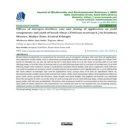 Effects of nitrogen fertilizer rate and timing of application on yield components and yield of bread wheat (Triticum aestivum L.) in Gombora District, Hadiya Zone, Central Ethiopia