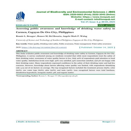 Assessing public awareness and knowledge of drinking water safety in Carmen, Cagayan De Oro City, Philippines