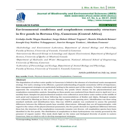 Environmental conditions and zooplankton community structure in five ponds in...