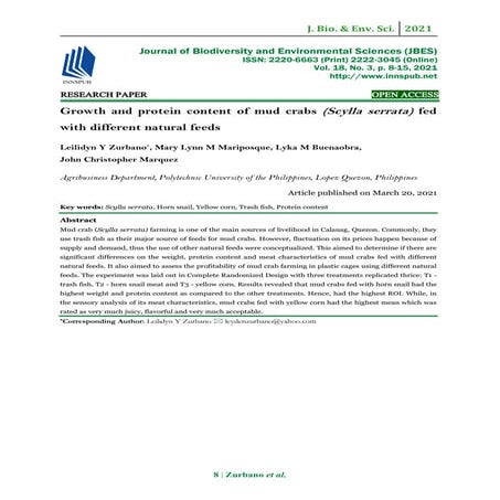 Growth and protein content of mud crabs (Scylla serrata) fed with different n...