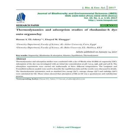 Thermodynamics and adsorption studies of rhodamine-b dye onto organoclay