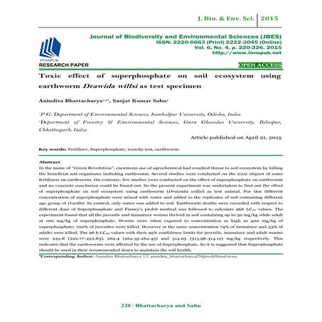 Toxic effect of superphosphate on soil ecosystem using earthworm Drawida will...