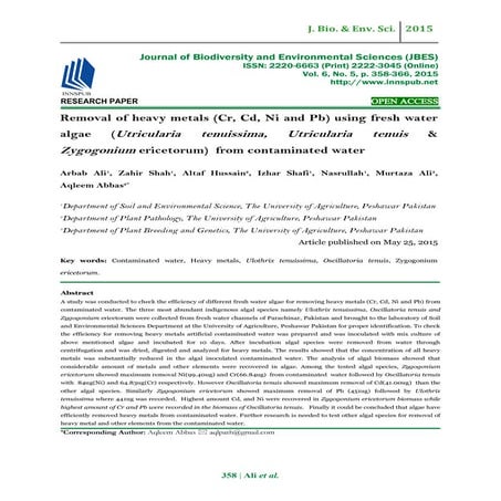 Removal of heavy metals (Cr, Cd, Ni and Pb) using fresh water algae (Utricula...