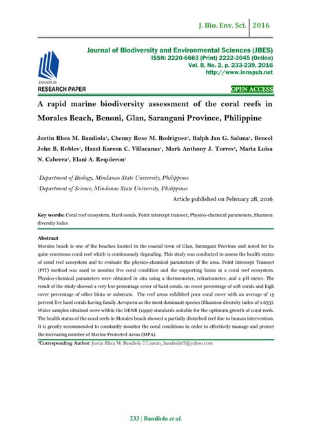 A Rapid marine biodiversity assessment of the coral reefs in morales Beach, B...