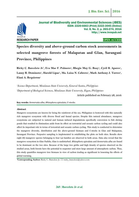 Species Diversity and Above-ground Carbon Stock Assessments in Selected Mangr...