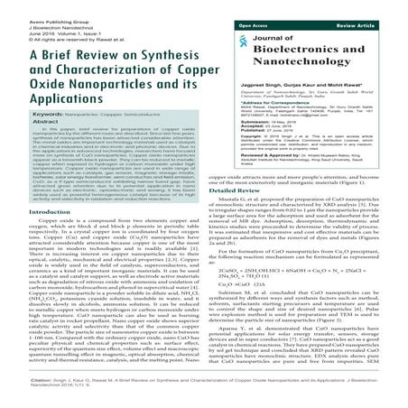 Synthesis and Characterization of Copper Oxide Nanoparticles and its Applicat...