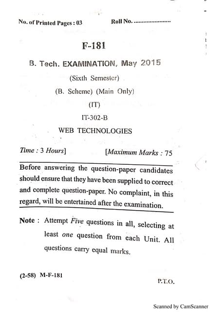 WT(WEB TECHNOLOGY) previous year question papers