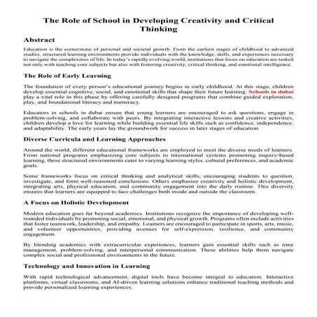 The Role of School in Developing Creativity and Critical Thinking