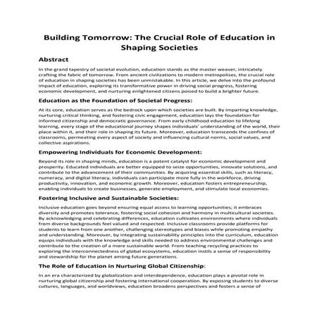Building Tomorrow: The Crucial Role of Education in Shaping Societies