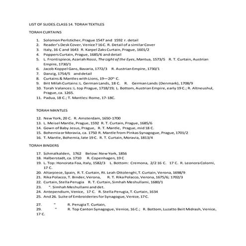 Jca.class 14.list of slides. torah textiles
