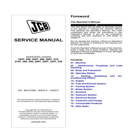 Jcb 225 t skid steer loader service repair manual sn from 2476302 to 2477300
