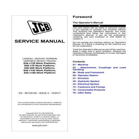Jcb 540 170 work platform telescopic handler service repair manual sn 2902000...