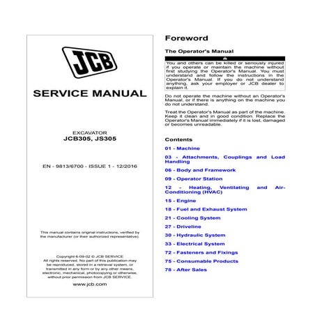 Jcb jcb305, js305 excavator service repair manual (from 2452101 to 2452200)