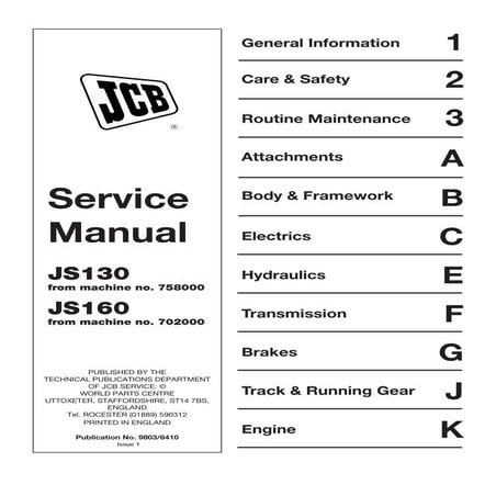 Jcb js130 tracked excavator service repair manual (sn js130 758000 onwards)