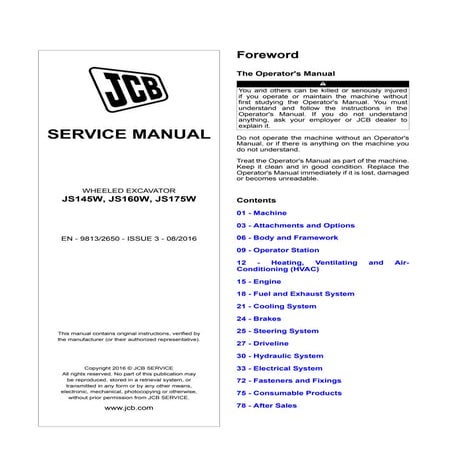 Jcb js160 w wheeled excavator service repair manual (from 2143159 to 2143459;...