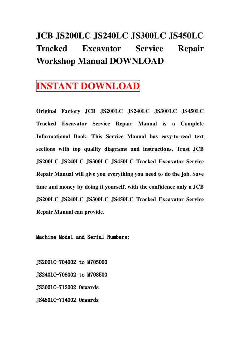 Jcb js200 lc js240lc js300lc js450lc tracked excavator service repair  workshop manual download