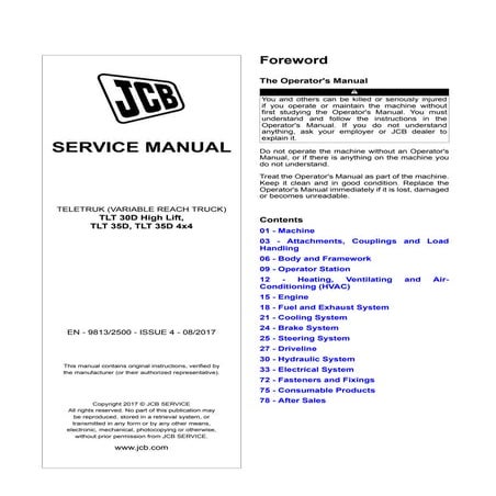 Jcb tlt 35 d teletruk (variable reach truck) service repair manual (sn 225252...