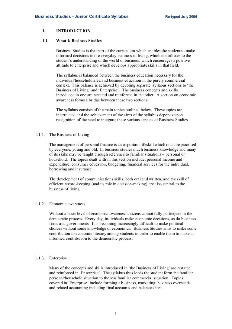 Junior Certificate Business Studies Syllabus